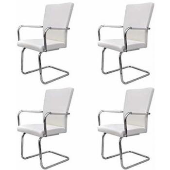vidaXL 4x Sillas de Comedor de Tipo Voladizas Asientos de Salón Estilo Cantilever Muebles de Casa Hogar Sillón de Cuero Artificial Sintétito Blanco