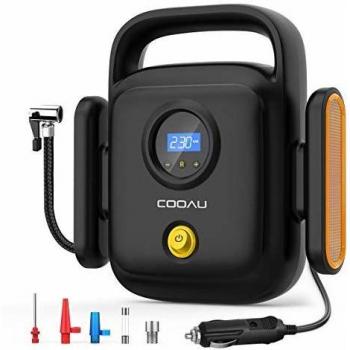 COOAU Compresor Aire Coche Portátil, 150PSI 12v con Protección contra Sobrecalentamiento y Pantalla LCD y Luz LED 4 Adaptadores Boquilla Apto para inflar Neumáticos de Coche Moto y Bicicleta