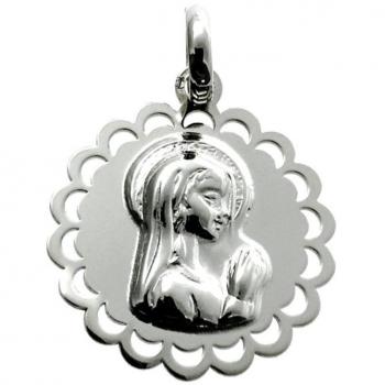 Medalla Colgante de Plata Ley 925m Virgen Niña 19mm con Pétalos Calados