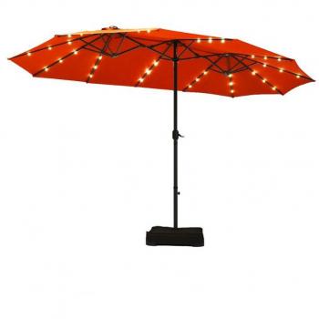 15-Foot Solar LED Double Patio Umbrella with Crank - Orange