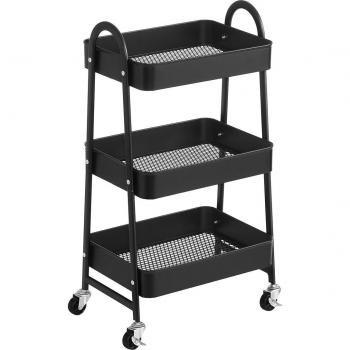 Carrito de almacenamiento móvil de 3 niveles con mango, estructura de acero, incluye 2 frenos, montaje fácil, ideal para cocina y baño, color negro