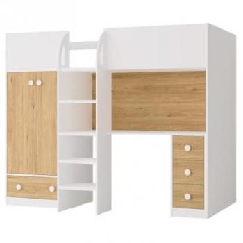 Cama Alta 90 x 190 cm con Armario y Escritorio - Blanco y Natural - CINAMO