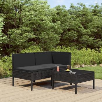 3-Piece Black Poly Rattan Garden Lounge Set with Cushions