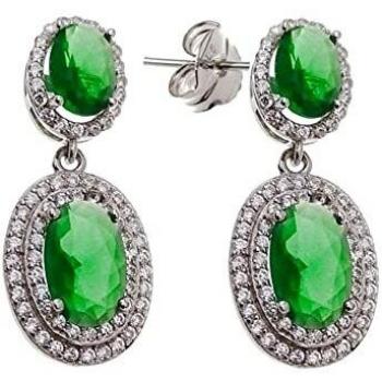 Pendientes largos plata Ley 925m mujer 26mm. dos cuerpos ovalados circonitas combinadas verdes
