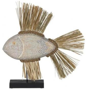 Figura Decorativa Pez Blanco Marrón Natural Hierro Fibra Natural 57x12x60 Cm - Diseño Único