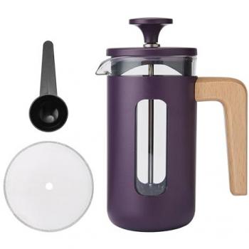 Cafetera Pisa de Acero Inoxidable Duradera, 3 Tazas, Morado, con Mango de Madera Natural y Émbolo para Café y Té