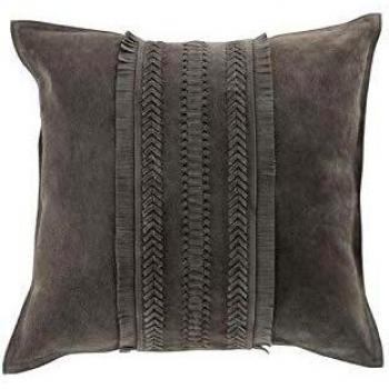 Cojín decorativo boho de cuero gris con flecos, 45 x 45 cm, incluye relleno