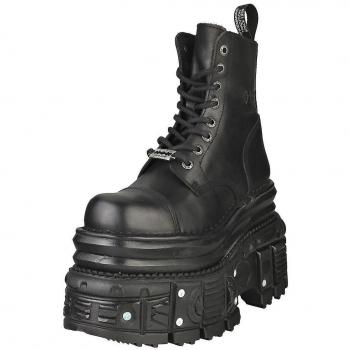 New Rock Unisex Metallic Black Leather Military Boots - EU Size 45