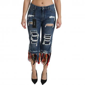 Dolce & Gabbana Blue Feathers Low Waist Cropped Cotton Jeans - IT36 | XS