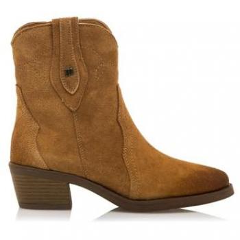 Botines de mujer MTNG 53899 estilo cowboy de piel marrón, con cierre cremallera, tacón, interior de piel, caña baja y punta redonda