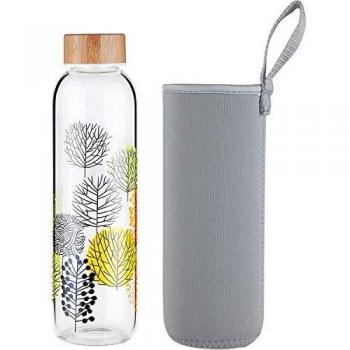 FCSDETAIL Botella de Agua de Cristal sin BPA, Botella de Agua de Vidrio de Borosilicato con Funda de Neopreno y Tapa de Bambú 420ml / 660ml / 1000ml