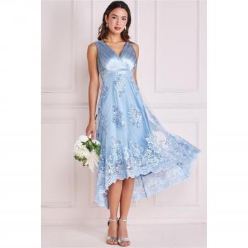 Goddiva Pleated Satin V Neck High And Low Midi Dress - Light Blue