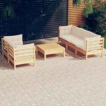 6-Piece Pinewood Garden Lounge Set with Cream Cushions