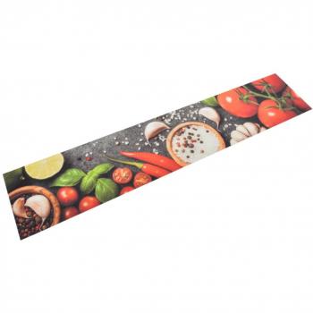 Alfombra de cocina lavable terciopelo cuchara especias 60x300 cm color negro y rojo, gris con huellas de patas, multicolor dibujo verduras
