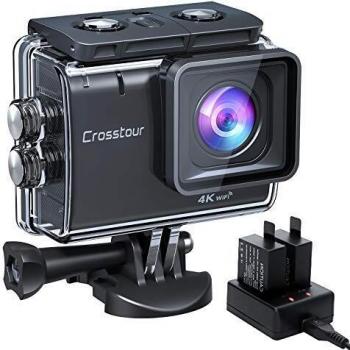 Crosstour Cámara Deportiva 4K 20MP Anti-Vibración Subacuática hasta 40M Tiempo-Lapsu Grabación de Bucle Sony Sensor Plus 2 Baterías Recargable de 1350 mAh Cargador USB Kit de Accesorios