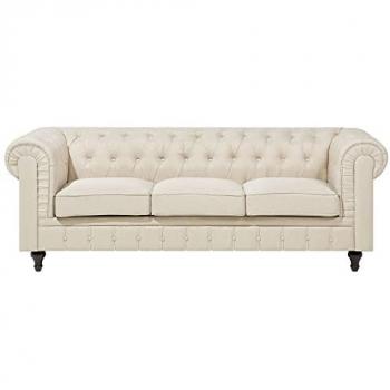 Sofá Chesterfield 3 Plazas Tapizado en Tela Beige con Patas de Madera Oscura
