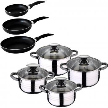 San Ignacio - Batería de cocina 4 cacerolas 4 tapas de vidrio y 3 sartenes 16/20/24, acero inoxidable, inducción