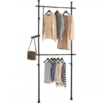 Sistema de armario telescópico SoBuy FRG109-SCH con 2 rieles de ropa, color negro, extensible de metal y plástico, medidas L 62-113 cm x H 200-285 cm