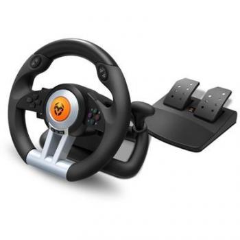 Krom K-Wheel Juego de Volante y Pedales Multiplataforma con compatibilidad para múltiples sistemas, diseño ergonómico, retroalimentación de fuerza, pedales ajustables y soporte antideslizante
