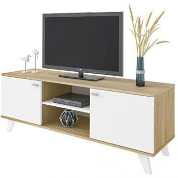Mueble TV Salón Roble y Blanco con 2 Puertas y Estantes, Modelo QUIATUR, 140x40x51 cm
