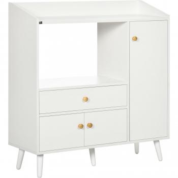 HOMCOM Aparador de Cocina para Microondas Armario Bajo de Cocina Mueble Auxiliar con 3 Puertas, Cajón y Compartimientos 90x30x94 cm Blanco
