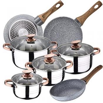 Batería de Cocina 8 Piezas Premium Nona de Acero Inoxidable con Juego de Sartenes de Aluminio Forjado (22/24/26 cm) San Ignacio
