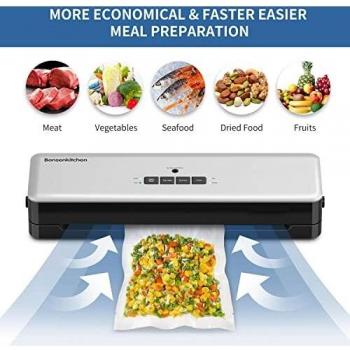 Bonsenkitchen Envasadora al Vacío, Sellador al Vacío de Alimentos Secos y Húmedos, 1 Rollo de Película de Vacío de Succión Incluida, Plata, VS3803