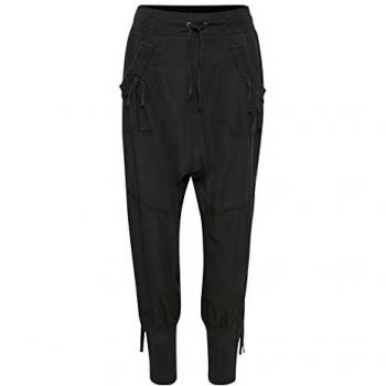 Cream Nanna Women's Wide Black Trousers with Ribbed Waistband