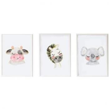 Juego de 3 Cuadros Infantiles Crochetts Multicolor Madera MDF 33 x 43 x 2 cm Cebra Vaca Koala (3 Piezas)