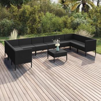 11-Piece Black Poly Rattan Garden Lounge Set with Cushions