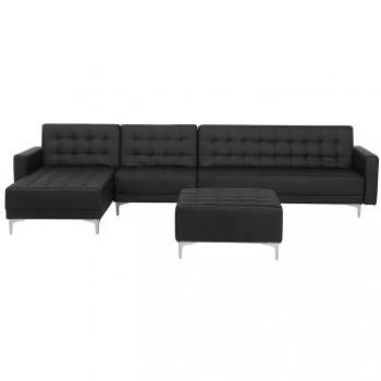 Sofá esquinero 5 plazas de piel sintética negro con reposapiés y otomana chaise longue derecha Aberdeen