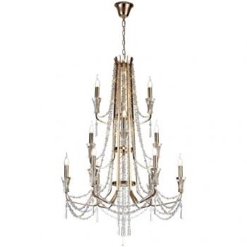 Araña sin pantallas Armand oro francés 12 bombillas 152cm, lámpara de techo colgante con 6 + 3 + 3 luces E14 en oro francés y cristal