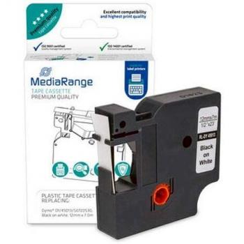 MediaRange - Cartucho de Etiquetas de plástico para Dymo® D1/45013/S0720530, Adhesivo Permanente, 12 mm, 7 m, Laminado, Color Negro sobre Blanco