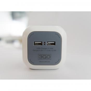 Regleta 3GO CUBE con 4 Tomas Schuko y 2 Puertos USB, Cable de 1.4 metros, Color Blanco y Gris