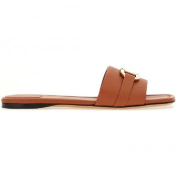Ferragamo Women's Gancini Leather Flat Sandals in Cuoio Brown | Size 7 | 01G997