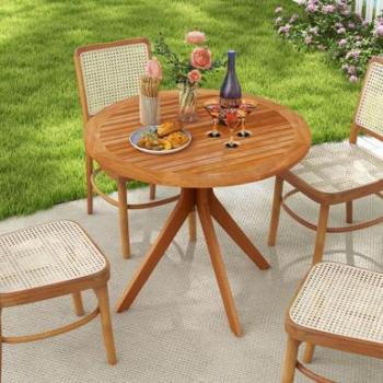 Slatted Top 35.5-Inch Outdoor Wood Dining Table with Curved Legs