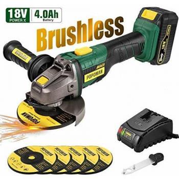 Amoladora Angular 18V Brushless, POPOMAN Angular Sin Escobillas 10000 RPM, batería de 4.0Ah, con mango lateral antivibración, 5 ruedas de molienda,Posición del mango auxiliar de 3, Cargador rápido