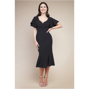 Goddiva Flared Sleeve Front Wrap Midi Dress - Black