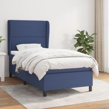 Cama box spring con colchón de muelles en tela azul 100x200 cm