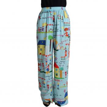 Dolce & Gabbana Light Blue Drawing Mid Waist Wide Leg Pants, Elegant Printed Wide Leg Pants, Blue female, Sizes: 2XS