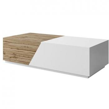 Mesa de centro angular Utica 107, Aglomerado laminado, Blanco y Wotan roble, 124 x 60 x 42 cm