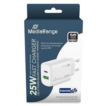 Cargador MediaRange 25W DUAL USB-A y USB-C, Carga Rápida, Blanco