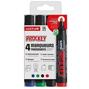 Set de 4 Marcadores Permanentes Uni-Ball Prockey - Punta Conica Media - Indelebles - Sin Olor - Multisuperficie - Colores Asortidos