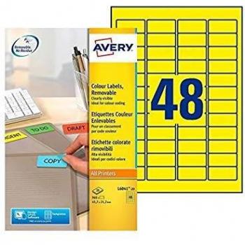 Etiquetas Avery L6041-20, amarillas, 45.7 x 21.2 mm, 960 etiquetas (20 hojas), removibles y autoadhesivas
