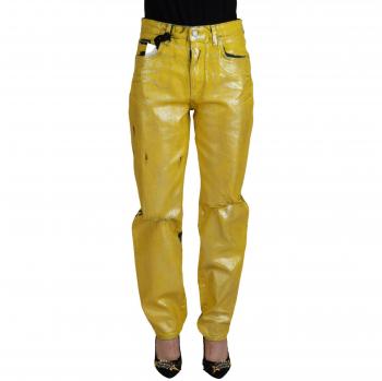 Dolce & Gabbana Yellow Leopard Cotton Straight Denim Jeans - IT40|S, Chic High Waist Straight Jeans in Vibrant Yellow, Loose-fit Jeans, female, Multicolor, Size: S