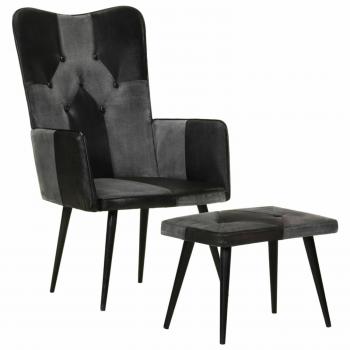 Sillón con reposapiés negro en cuero genuino y lona