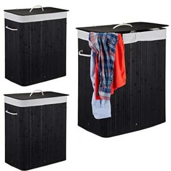 Cestos de Ropa Sucia Plegables de Bambú con Tapa y 2 Compartimentos, 95 L, Negro - Set de 3