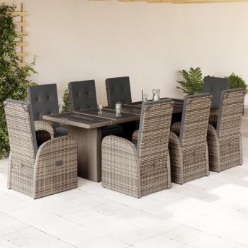 Set de Comedor Jardín 9 Piezas con Cojines de Polyrattan Gris
