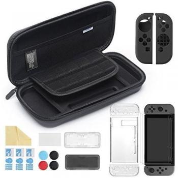 iAmer 11 en 1 Accesorios para Nintendo Switch,Funda para Nintendo Switch+Carcasa Switch Transparente+2 Cristal Templado Pantalla+Funda de Silicona+4 Pulgar Grips+2 Estuche De Juegos+Paño de Limpieza