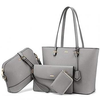 LOVEVOOK Bolso para mujer Shopper Bolso de hombro Monedero para mujer Paquete de tarjeta Bolso grande para mujer Tote bolso de mano de 4 piezas Gris